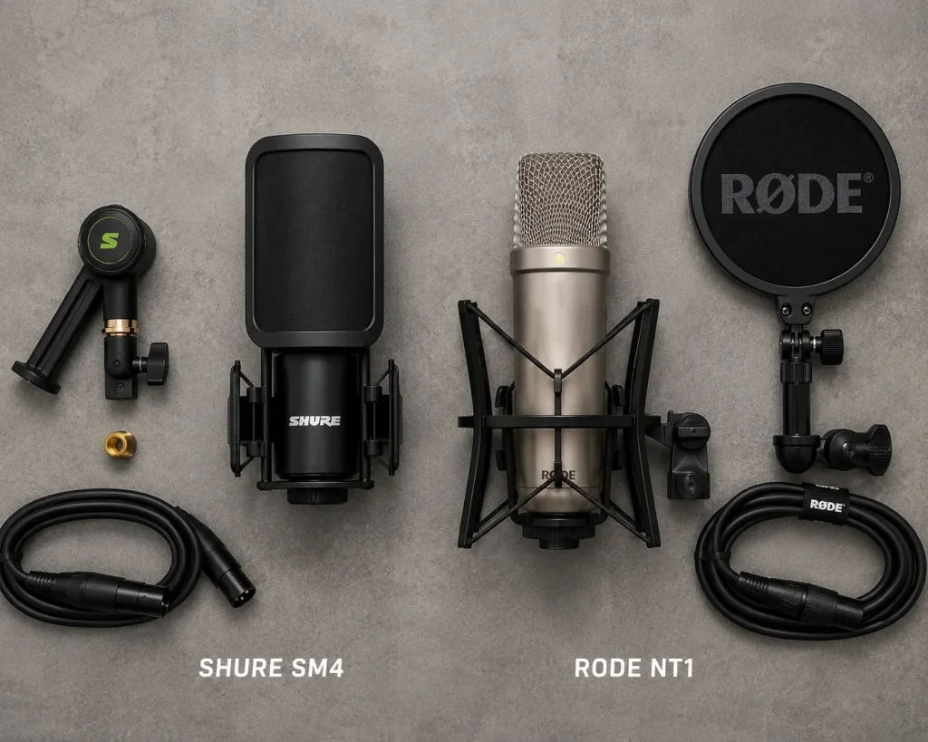 Shure SM4 and RØDE NT1 microphones laid out flat with their mounts, pop filter, and cables