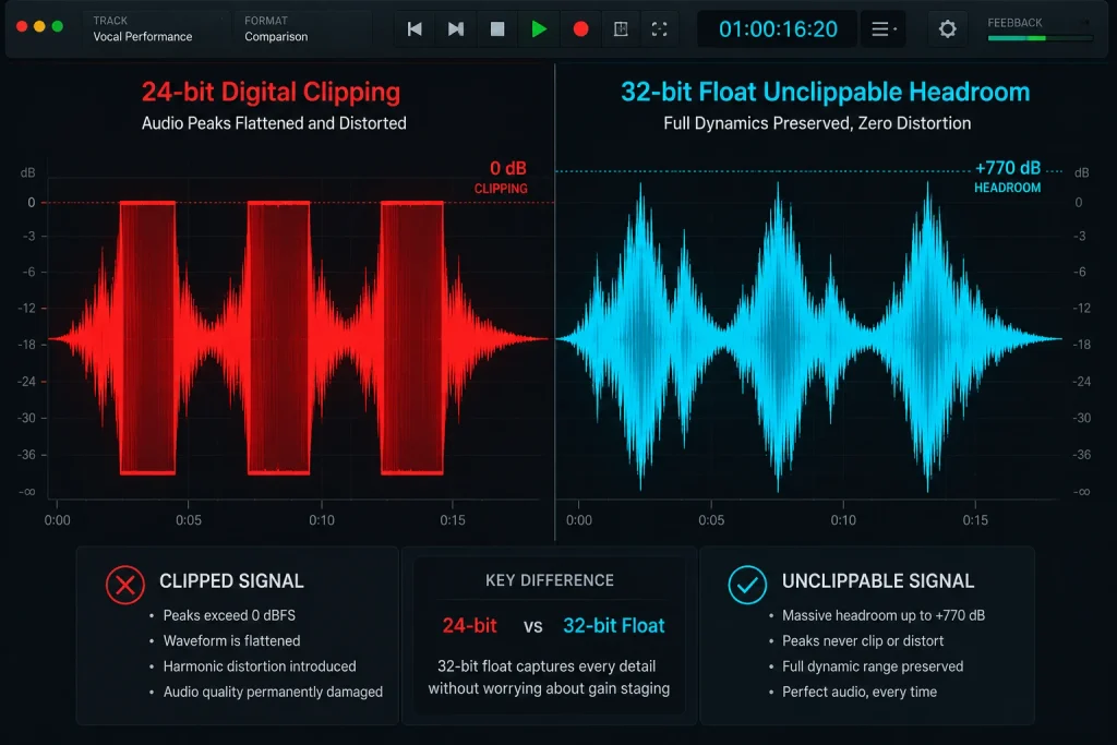 Audio waveform comparison showing a clipped signal beside an unclipped signal from the RØDE NT1 5th Generation's 32-bit float recording
