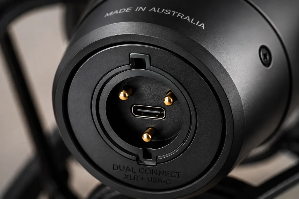 Close-up of the RØDE NT1 5th Generation Dual Connect XLR and USB-C port