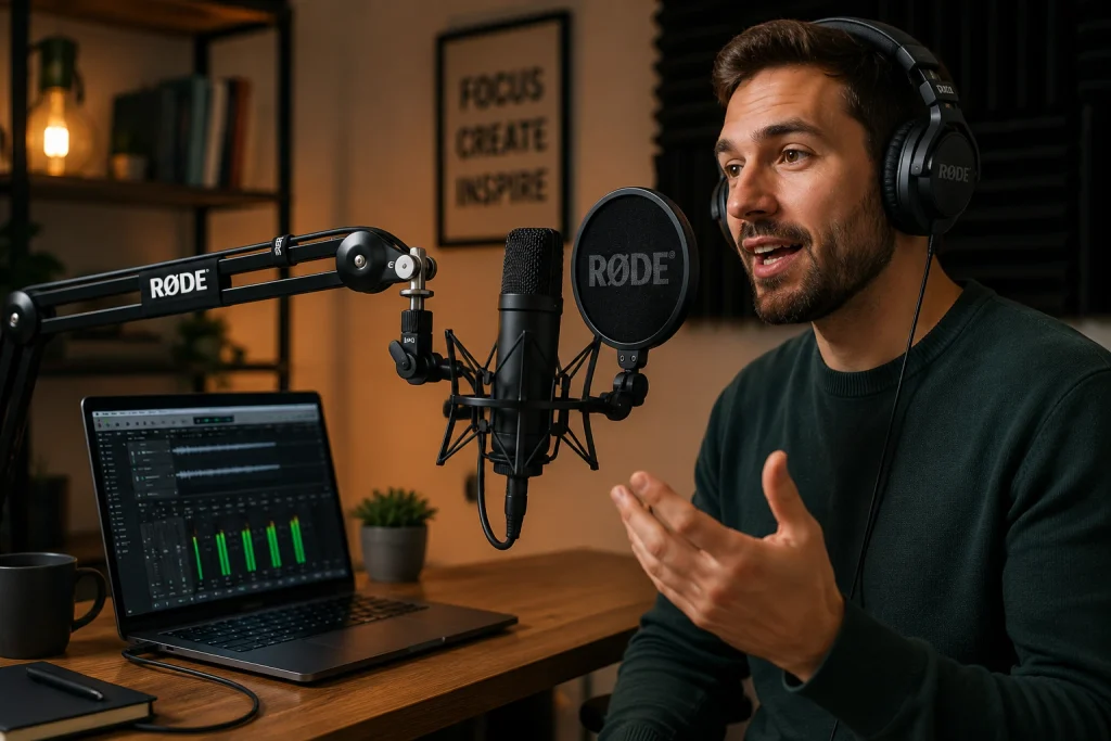 Man recording a podcast with the RØDE NT1 5th Generation microphone and headphones in a home studio