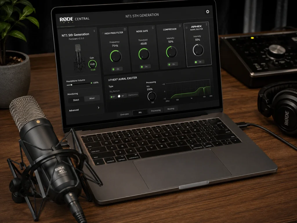 RØDE NT1 5th Generation setup with a laptop running microphone software and headphones for on-board DSP control