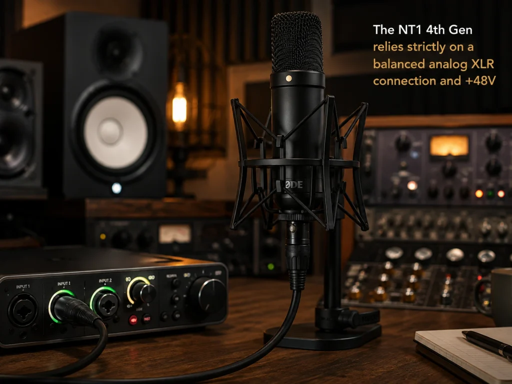 RØDE NT1 4th Generation microphone in a professional setup with an analog XLR connection on a wooden desk
