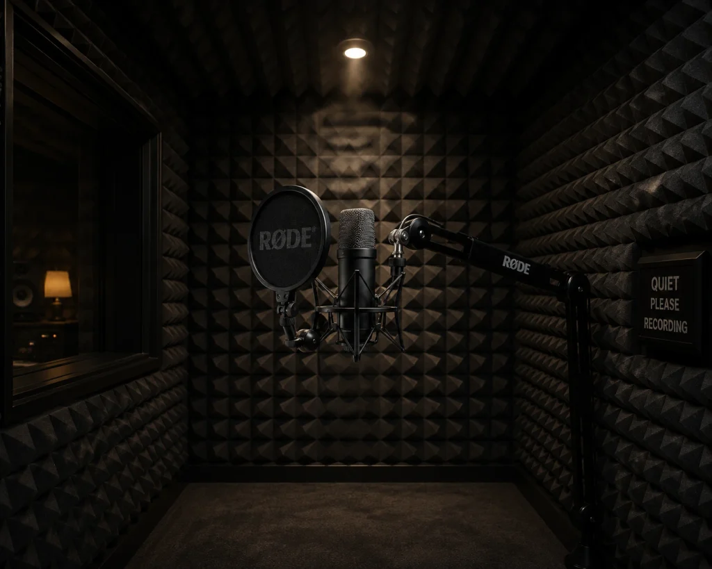 RØDE NT1 microphone in a professional recording studio with acoustic foam panels