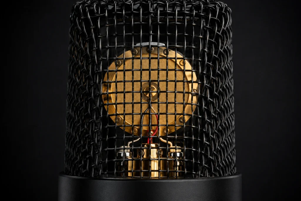 Close-up of the gold RØDE HF6 capsule behind the wire mesh grille of the NT1 microphone