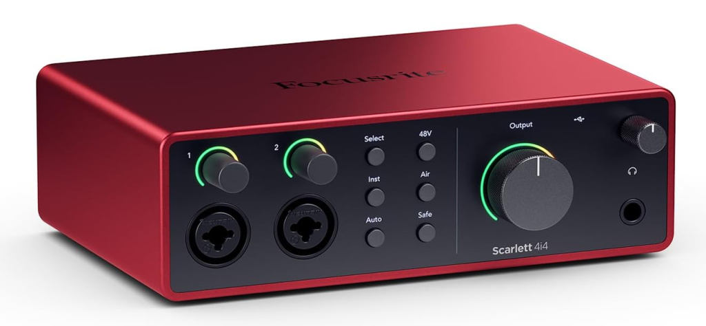 Focusrite Scarlett 4i4 4th Gen audio interface front panel with Auto Gain button