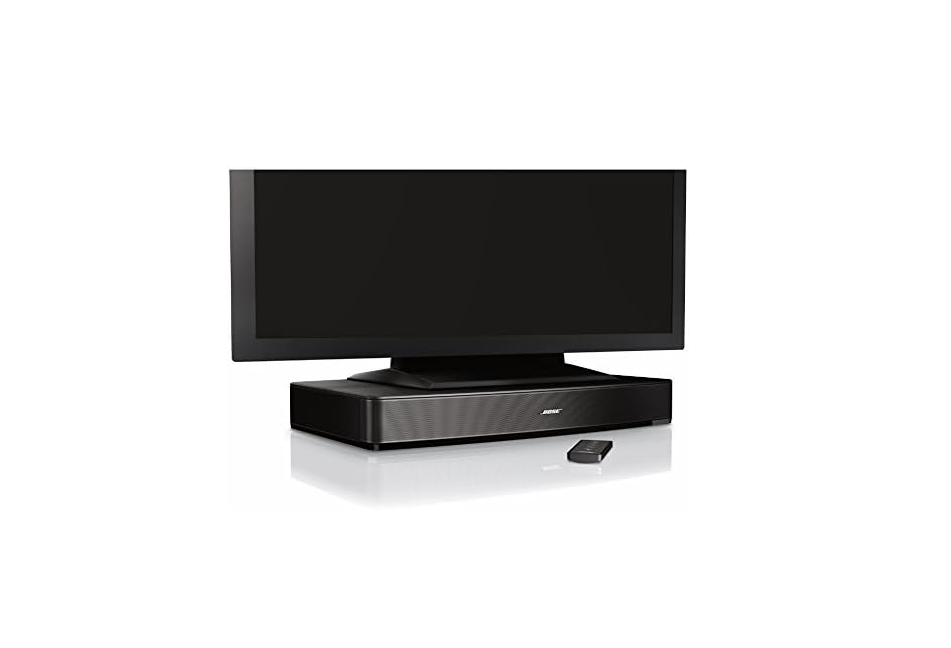 Bose Solo 5 single soundbar placed under a TV with its remote in front