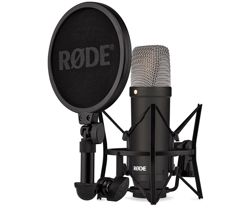RØDE NT1 Signature Series microphone with its shock mount and pop filter