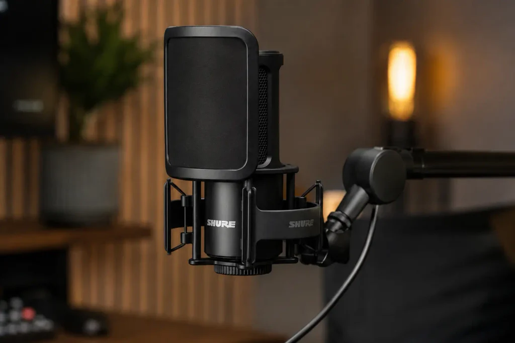 Shure SM4 studio condenser microphone mounted in shock mount with magnetic pop filter in a home studio setup