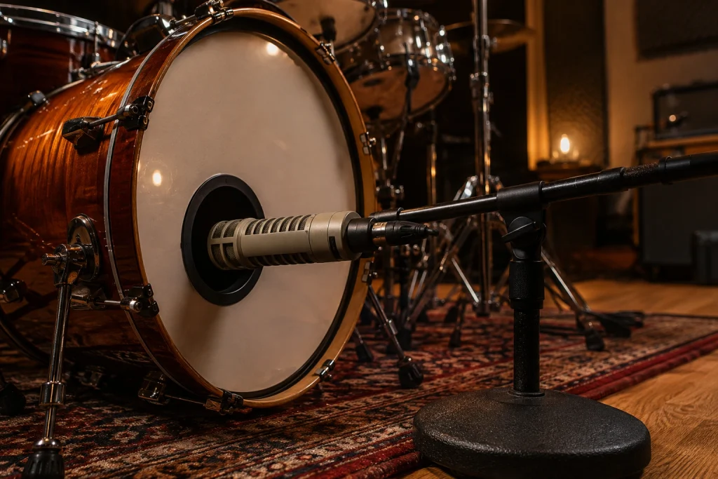 Electro-Voice RE20 placed inside a kick drum port in a studio
