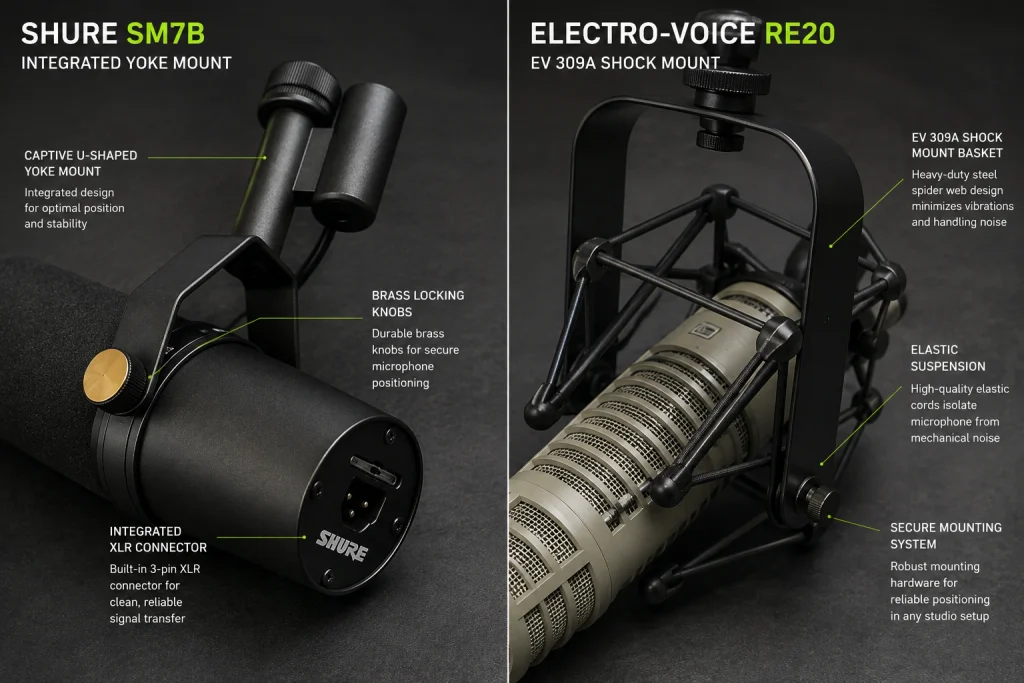 Shure SM7B integrated yoke mount beside Electro-Voice RE20 in EV 309A shock mount