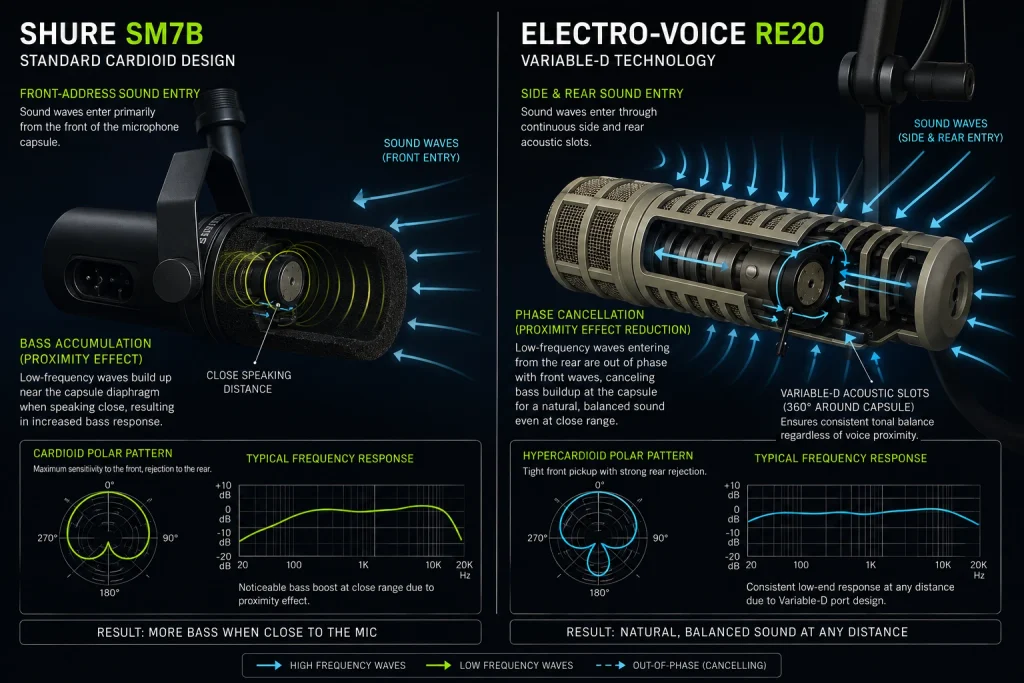 Diagram comparing Shure SM7B standard cardioid design with Electro-Voice RE20 Variable-D technology
