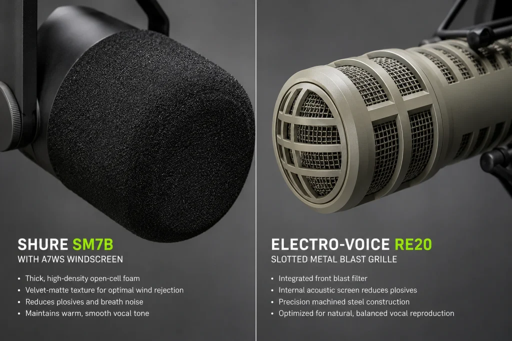 Shure SM7B with A7WS windscreen beside Electro-Voice RE20 slotted metal blast grille