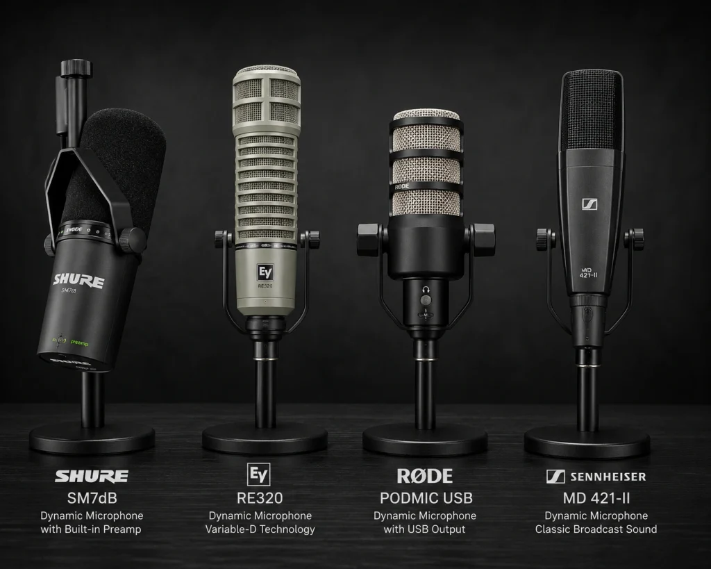 Shure SM7dB, Electro-Voice RE320, RØDE PodMic USB, and Sennheiser MD 421-II dynamic microphones on stands