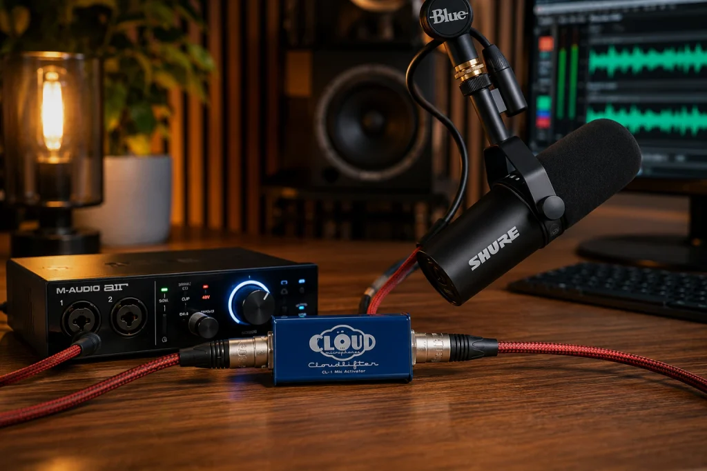 Shure SM7B connected through a Cloudlifter inline booster to an audio interface