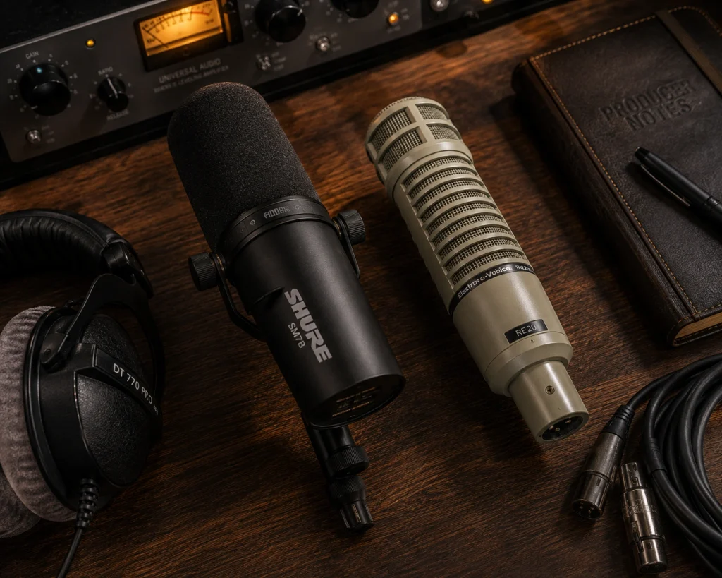 Black Shure SM7B beside beige Electro-Voice RE20 on a wooden studio desk