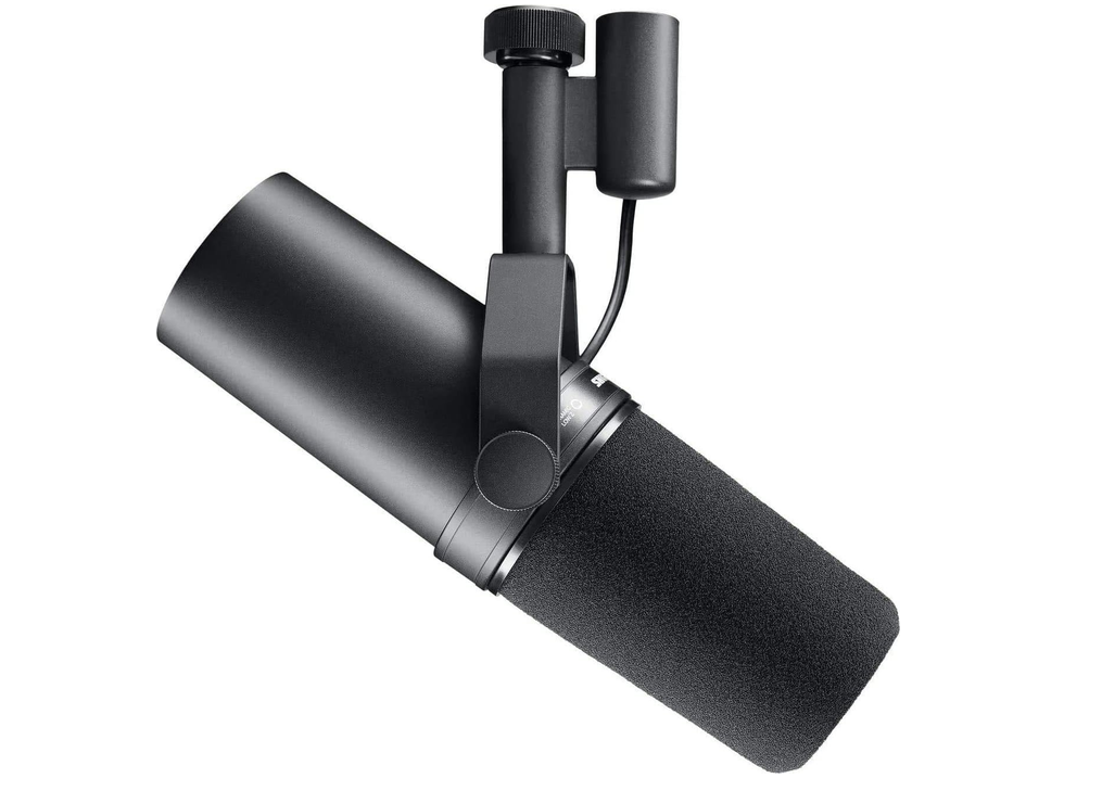 Shure SM7B dynamic broadcast microphone on its yoke mount