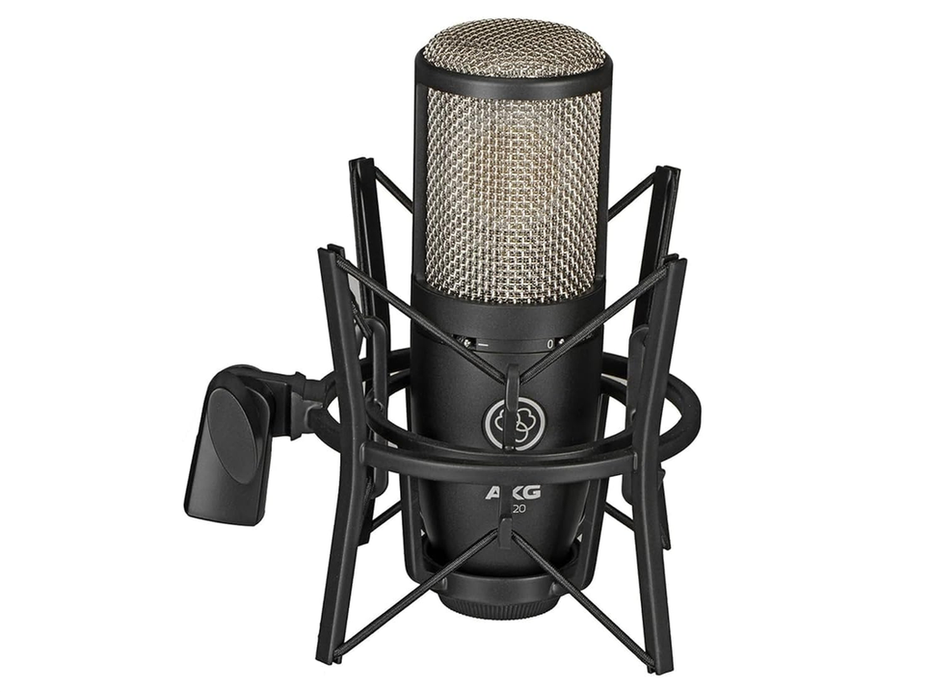 AKG P220 cardioid condenser microphone with its shock mount