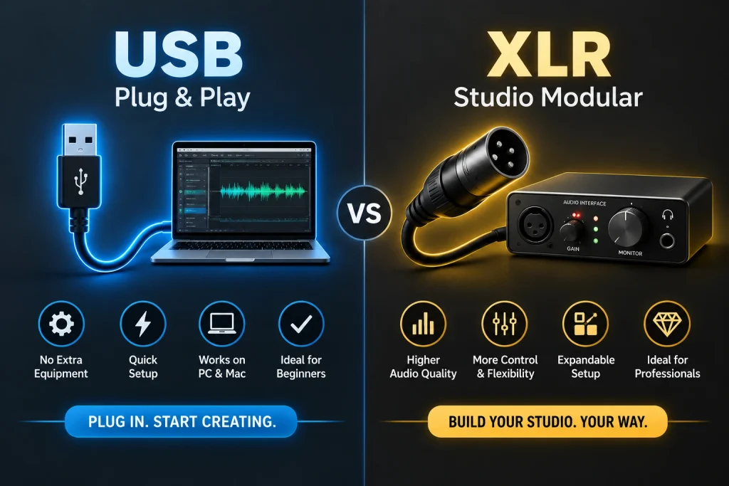 USB plug-and-play setup with a laptop on the left compared with an XLR connector and audio interface on the right