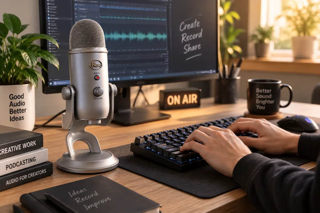 Blue Yeti USB microphone on its desk stand in front of a computer monitor showing an audio waveform