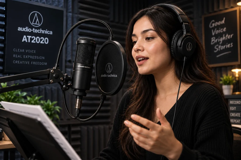 Woman wearing headphones recording into an Audio-Technica AT2020 microphone on a boom arm with a pop filter