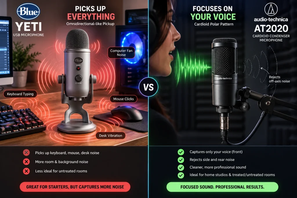 Comparison graphic showing the Blue Yeti picking up keyboard, computer fan and desk noise on the left, while the AT2020 focuses on the voice and rejects off-axis noise on the right