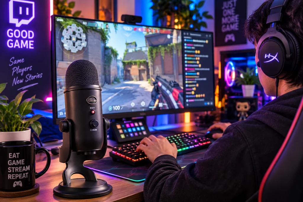 Streamer wearing headphones playing a game at a desk with a black Blue Yeti microphone in the foreground