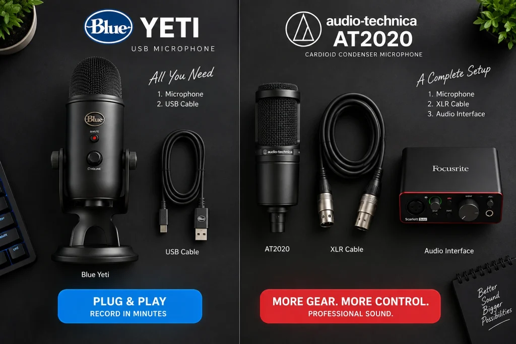 Blue Yeti with its USB cable on the left, and the AT2020 with an XLR cable and a Focusrite audio interface on the right, showing the extra gear the AT2020 setup needs