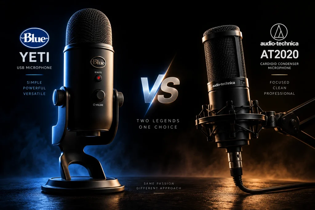 Blue Yeti on its stand facing the Audio-Technica AT2020 in a shock mount, with a VS graphic between them