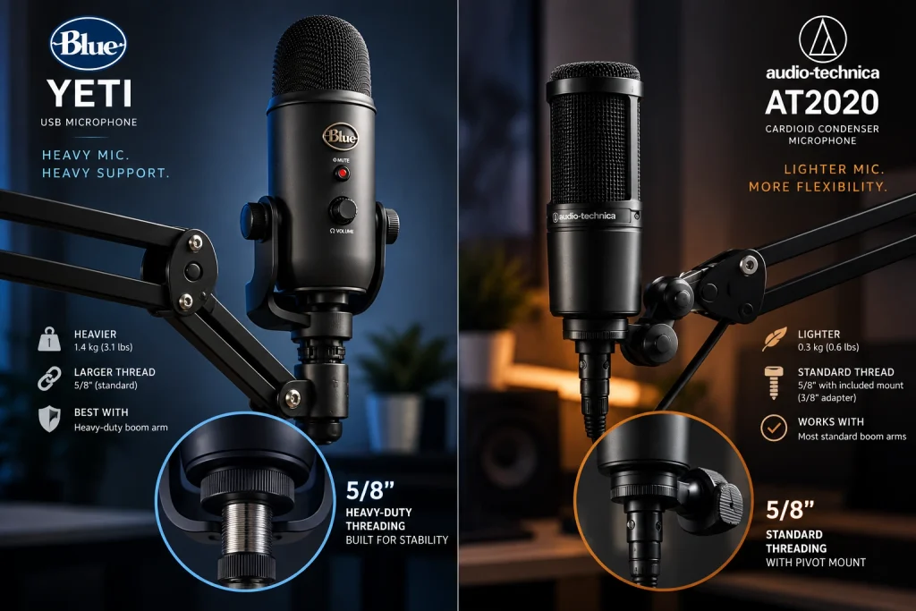 Blue Yeti and Audio-Technica AT2020 on boom arms with close-ups of their 5/8-inch mounting threads, comparing the Yeti's heavier mount with the AT2020's lighter pivot mount