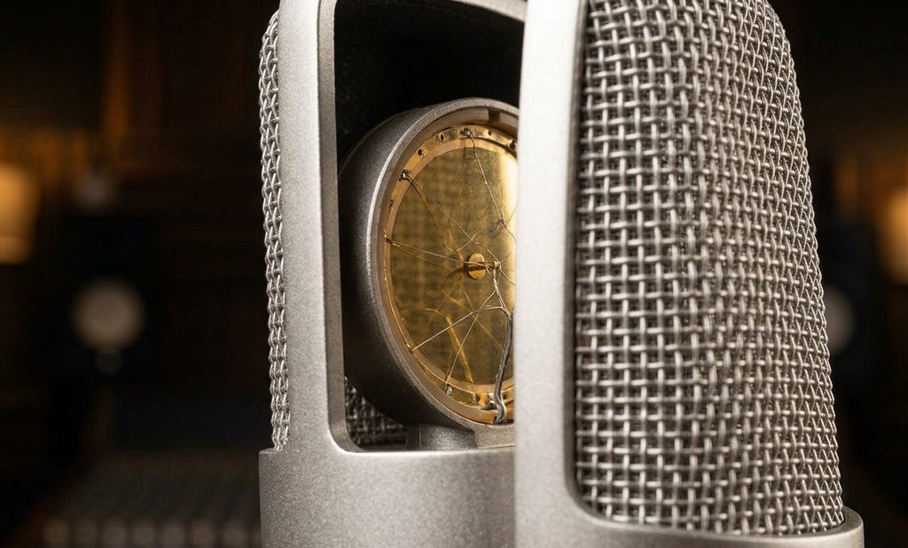 AKG P220 on a stand positioned for a vocal recording session